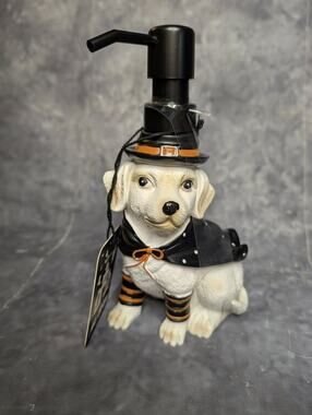 NEW! Witch Dog Pump Soap Dispenser Yellow Lab Halloween Decor Gift